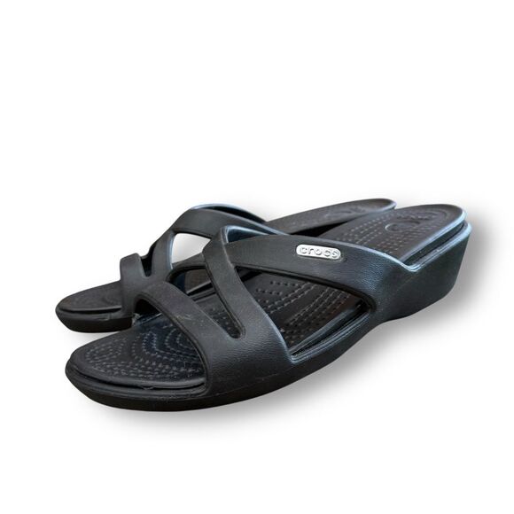 Crocs Patricia Black Criss Cross Wedge Sandals Women's Size 7 - Picture 9 of 12